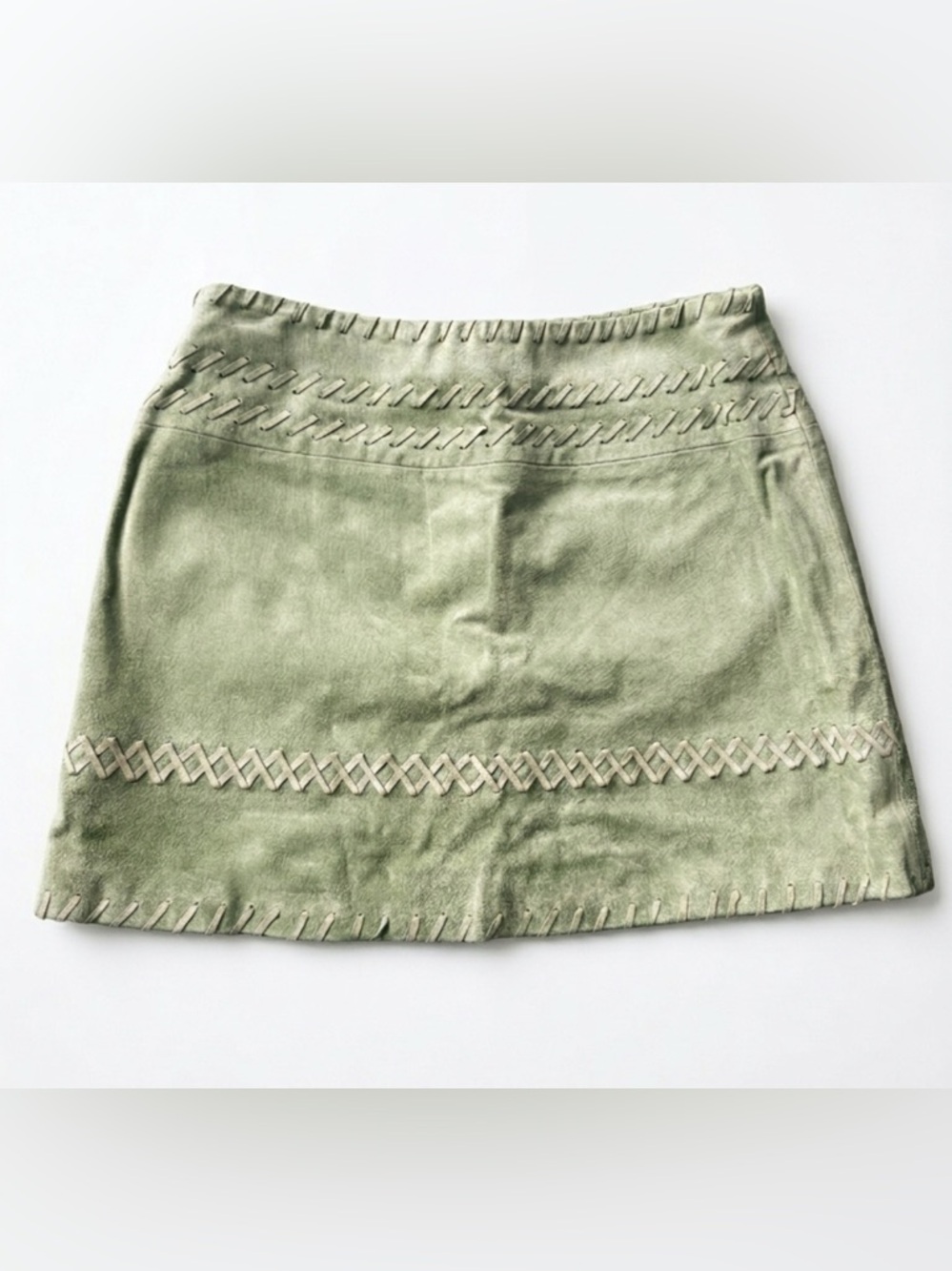 SOLD!! le chateau Olive Suede Mini Skirt with Whipstitch Trim. 100% leather
